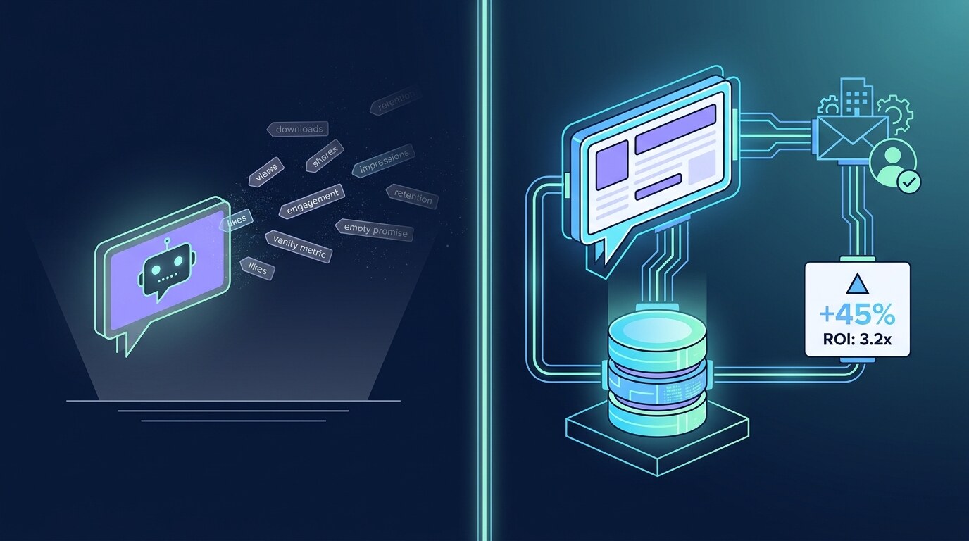 Left: a hollow chatbot measured by vanity metrics — downloads, views, engagement — that drift away. Right: a properly integrated system wired into the database and mailbox, with a human sign-off and an honest ROI number.