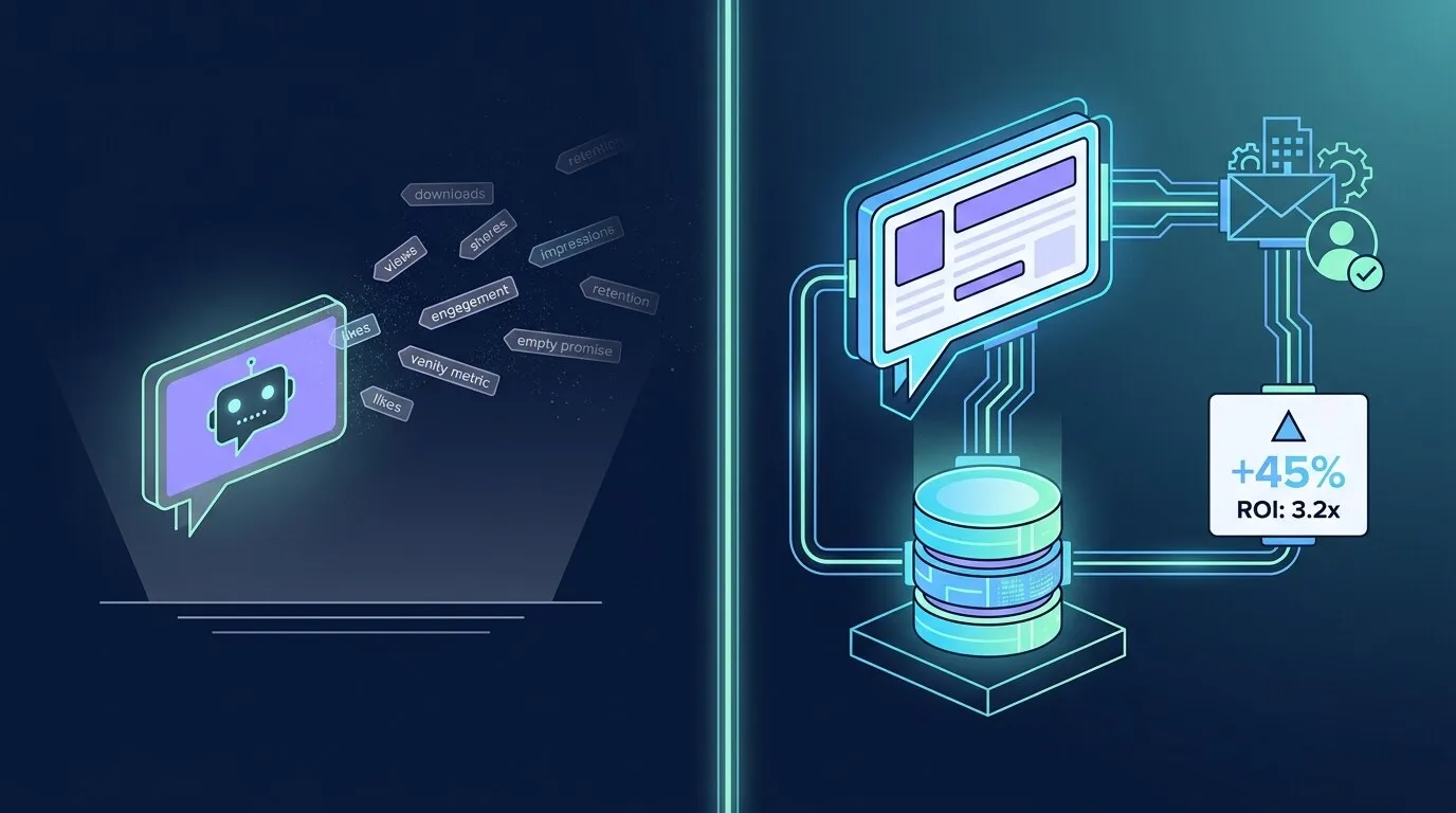 Left: a hollow chatbot measured by vanity metrics - downloads, views, engagement - that drift away. Right: a properly integrated system wired into the database and mailbox, with a human sign-off and an honest ROI number.