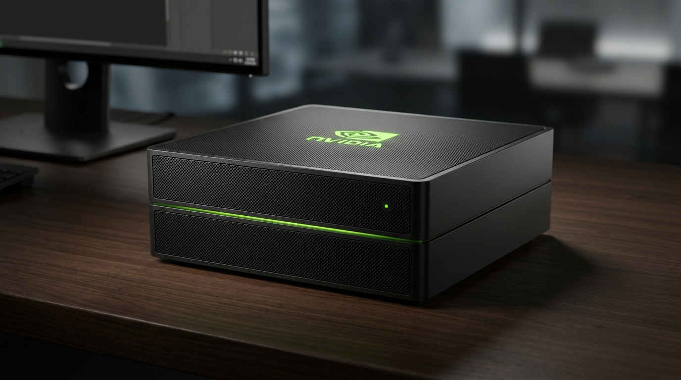 NVIDIA DGX Spark mini-workstation on a wooden desk in a dark office, with a glowing green NVIDIA logo on the top face and green LED accent strip across the front.