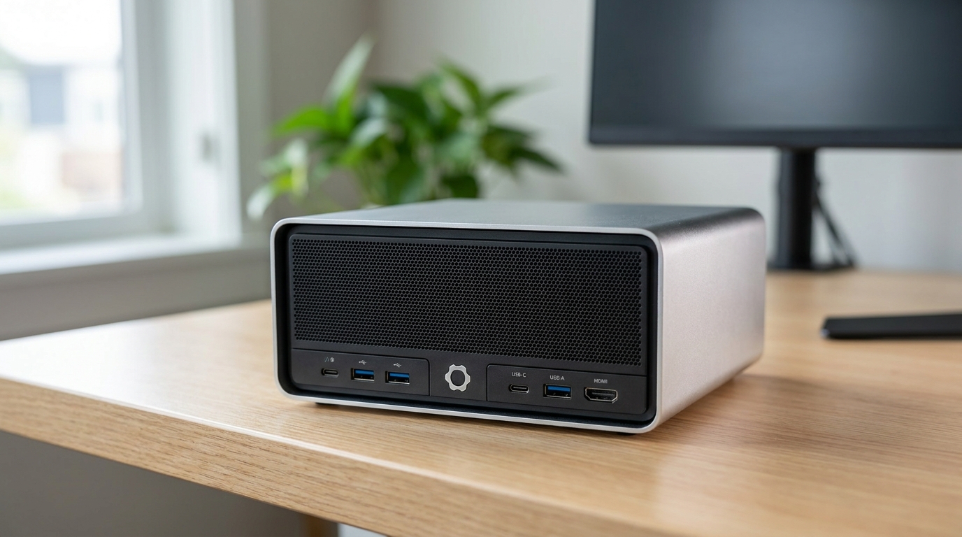 Framework Desktop mini-PC on a wooden home-office desk, showing the silver chassis with mesh ventilation grille and modular front-panel I/O cards.
