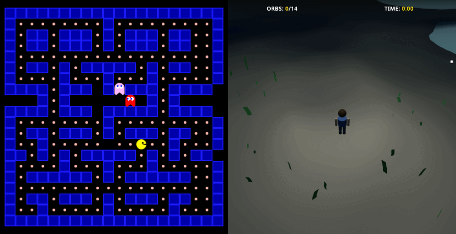 Two games a local LLM built on a mini-PC, side by side and playing: a browser Pac-Man with four ghosts, and a 3D three.js island the model explores