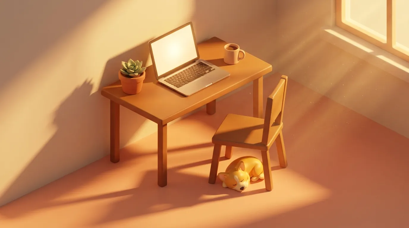 nano banana conversational edit - same isometric desk rendered with golden afternoon warm light