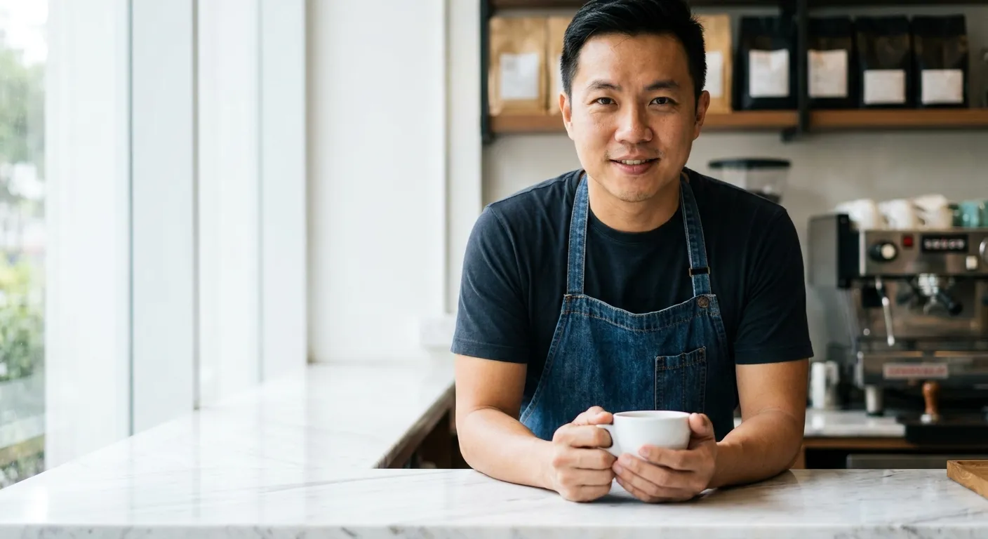 nano banana barista portrait - Singaporean man holding a porcelain cup carefully in both hands at a marble café counter