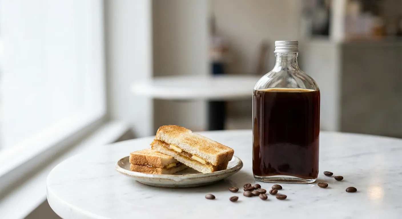 nano banana product mock-up - singapore-made cold brew bottle next to kaya toast on a marble café table