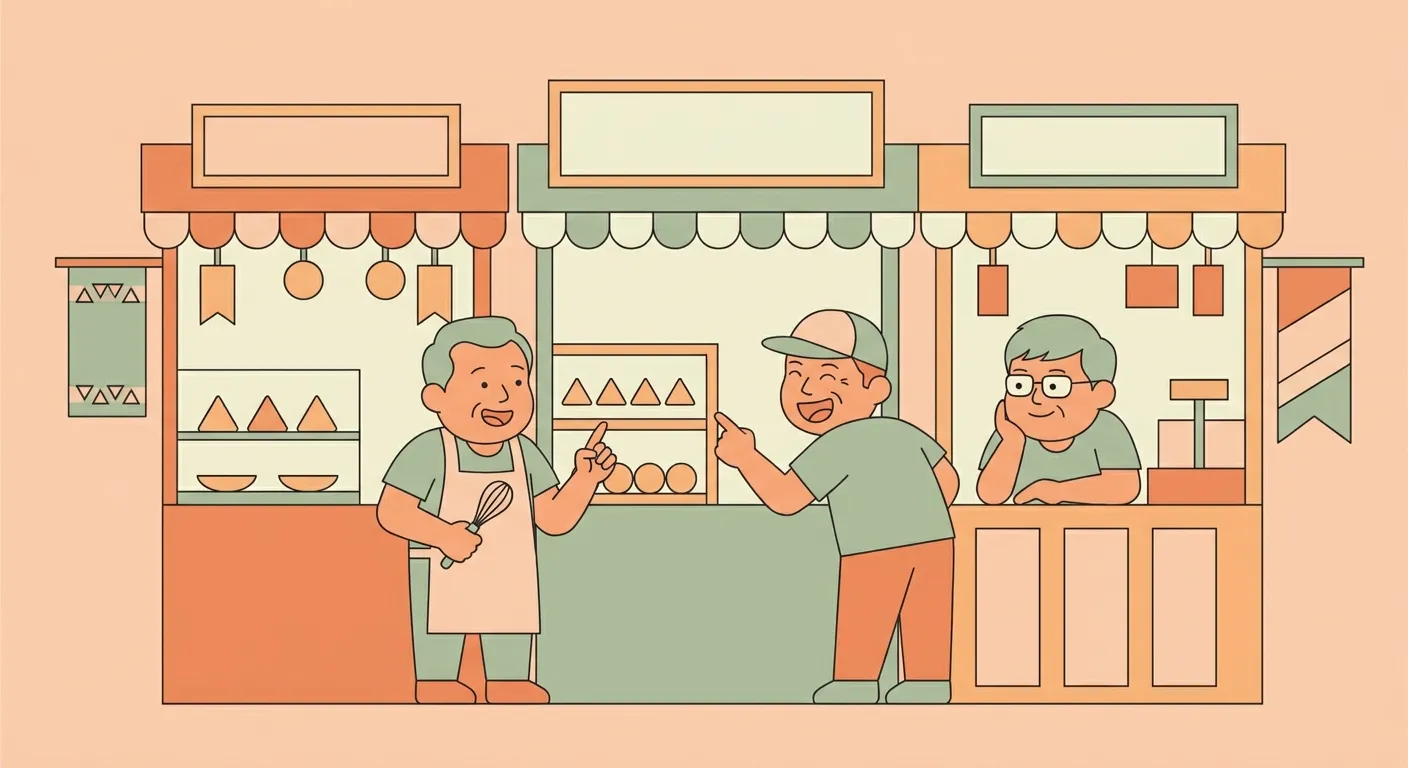sample image - three SG hawker stall owners chatting, editorial illustration
