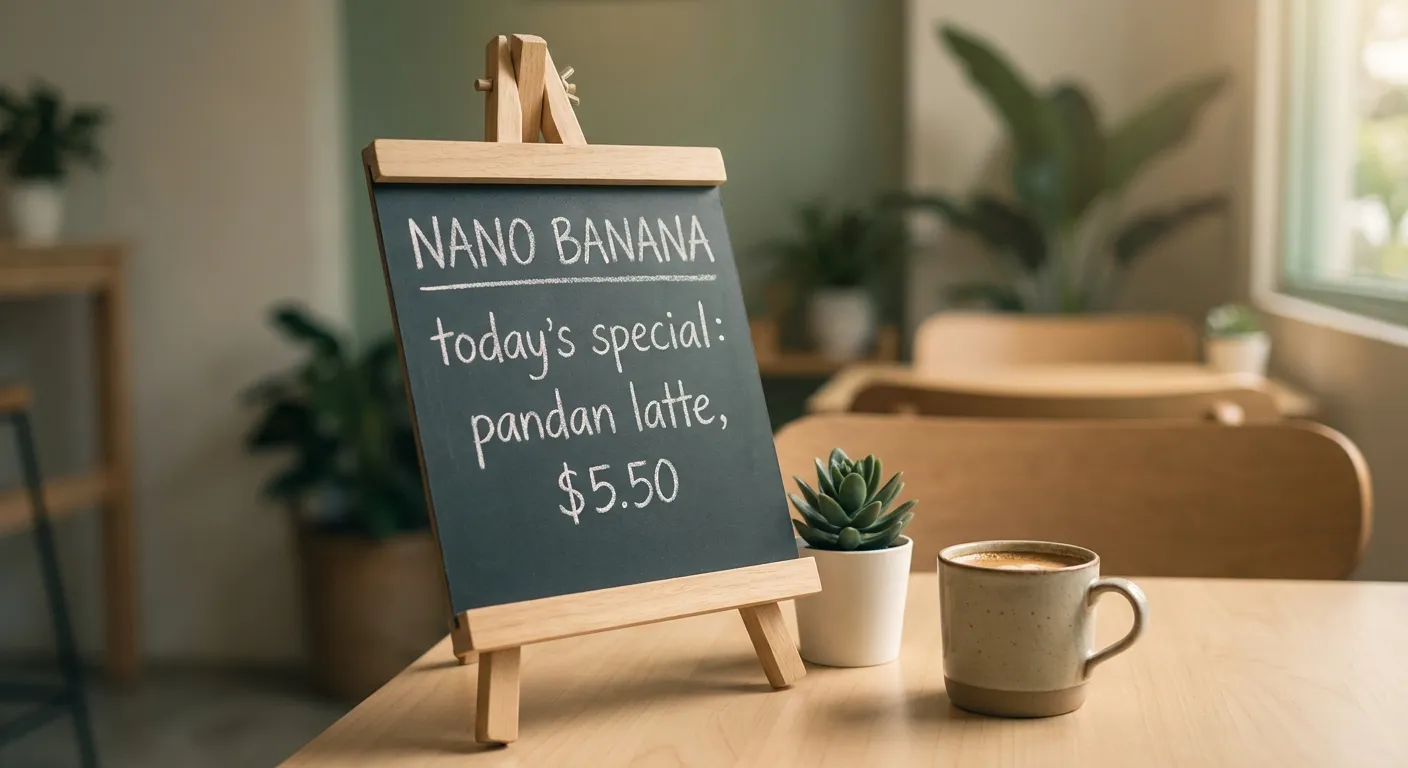 nano banana text rendering - chalkboard café sign reading NANO BANANA / today's special: pandan latte, $5.50