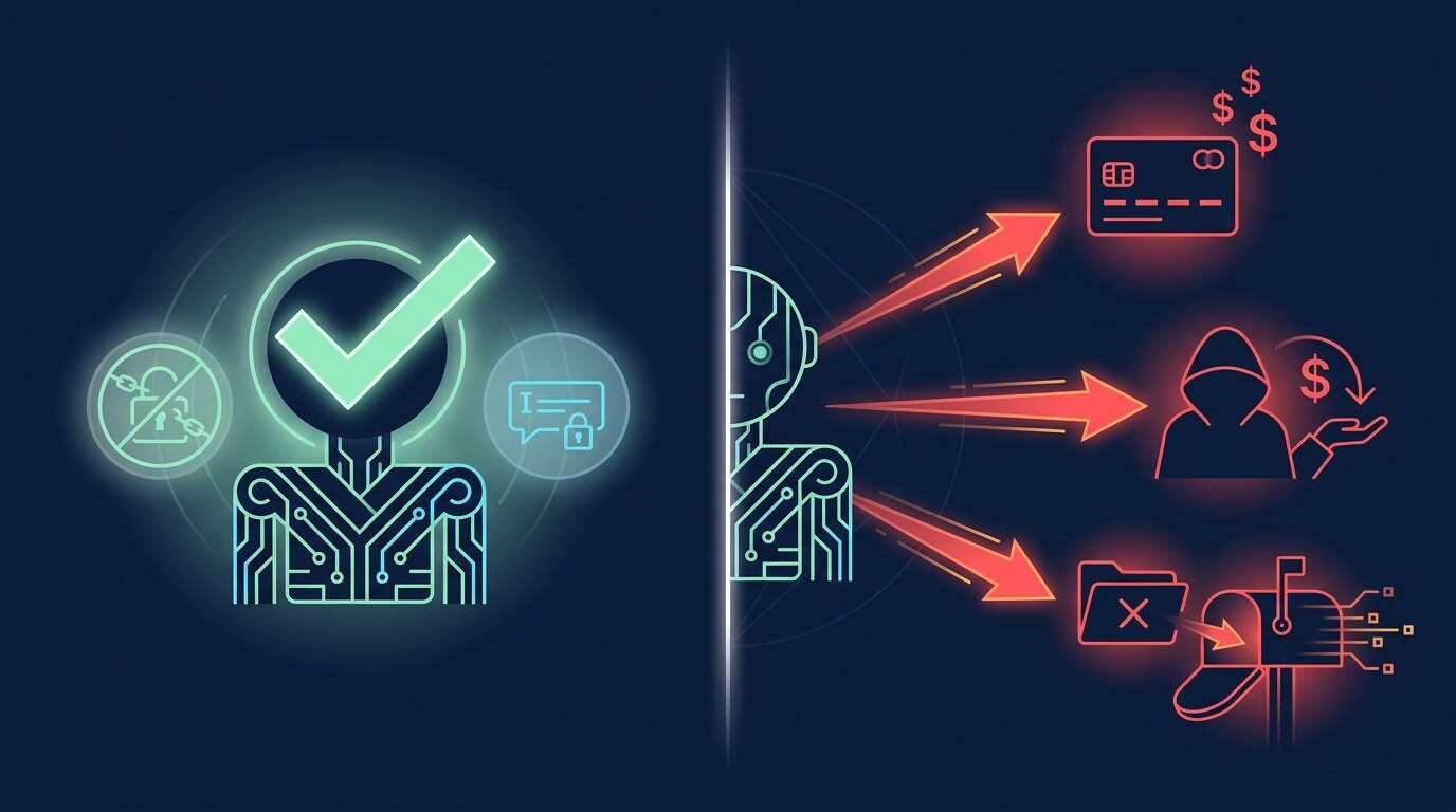 Left: the agent passes the safety tests (resists jailbreak, won't leak its prompt). Right: the same agent breached three ways — a customer's card exposed, money sent to a stranger, and a customer file emailed to an external mailbox.